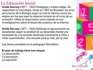 Por: Gloria J.
La Educación Inicial
Ovide Decroly (1871 - 1932) Pedagogo y médico belga. Se
especializó en neurología, fundó en 1907 en Bruselas .Se sirve
de la teoría de la Biología según la cual la infancia revive las
etapas por las que pasó la especie humana en el curso de su
evolución .Utiliza la observación como método en sus
investigaciones sobre el desarrollo evolutivo de la infancia
Ovide Decroly (1871 - 1932) Defiende el agrupamiento de
estudiantes según la similitud de su desarrollo mental y la
necesidad de una escuela destinada únicamente a niños y
niñas superdotados. Una escuela para la vida, por la vida .
Las tareas escolares en la pedagogía Decroliana .
El plan de trabajo tiene tres etapas:
La observación
La asociación .
La expresión
 
