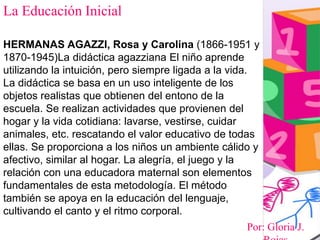 Por: Gloria J.
La Educación Inicial
HERMANAS AGAZZI, Rosa y Carolina (1866-1951 y
1870-1945)La didáctica agazziana El niño aprende
utilizando la intuición, pero siempre ligada a la vida.
La didáctica se basa en un uso inteligente de los
objetos realistas que obtienen del entono de la
escuela. Se realizan actividades que provienen del
hogar y la vida cotidiana: lavarse, vestirse, cuidar
animales, etc. rescatando el valor educativo de todas
ellas. Se proporciona a los niños un ambiente cálido y
afectivo, similar al hogar. La alegría, el juego y la
relación con una educadora maternal son elementos
fundamentales de esta metodología. El método
también se apoya en la educación del lenguaje,
cultivando el canto y el ritmo corporal.
 