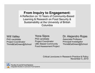 Critical Junctures in Research Practice & Policy
November 5, 2010
Faculty of Land & Food Systems
Integrated Studies in Land and Food Systems
Will Valley
PhD candidate
Project Coordinator
Think&EatGreen@School
Yona Sipos
PhD candidate
Project Coordinator
UBC Based Community
Food Assessment Project
Dr. Alejandro Rojas
Associate Professor
Principal Investigator
Think&EatGreen@School
From Inquiry to Engagement:From Inquiry to Engagement:
A Reflection on 10 Years of Community-Based
Learning & Research on Food Security &
Sustainability at the University of British
Columbia
 