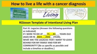 How to live a life with a cancer diagnosis
ROJoson Template of Intentional Living Plan
Part III. Legacies (Answer the foll...