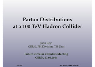 Parton Distributions
at a 100 TeV Hadron Collider
Juan Rojo
CERN, PH Division, TH Unit
Future Circular Colliders Meeting
CERN, 27.01.2014
Juan Rojo

FCC Meeting, CERN, 27/01/2014

 