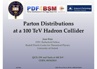 !
Parton Distributions
at a 100 TeV Hadron Collider
Juan Rojo QCD, EW and Tools at 100 TeV, CERN, 09/10/2015
Juan Rojo!
STFC Rutherford Fellow!
Rudolf Peierls Center for Theoretical Physics!
University of Oxford!
!
!
QCD, EW and Tools at 100 TeV!
CERN, 09/10/2015
 