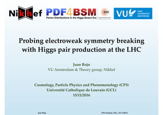 Probing electroweak symmetry breaking !
with Higgs pair production at the LHC
Juan Rojo!
VU Amsterdam & Theory group, Nikhef!
!
!
Cosmology, Particle Physics and Phenomenology (CP3)!
Université Catholique de Louvain (UCL)!
15/11/2016
Juan Rojo CP3 seminar, UCL, 15/11/2016
 