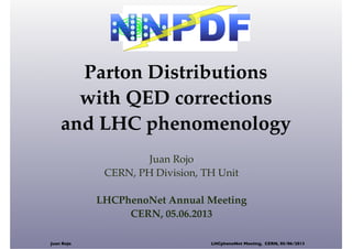 Parton Distributions
with QED corrections
and LHC phenomenology
Juan Rojo
CERN, PH Division, TH Unit
LHCPhenoNet Annual Meeting
CERN, 05.06.2013
Juan Rojo

LHCphenoNet Meeting, CERN, 05/06/2013

 