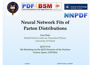 !
Neural Network Fits of !
Parton Distributions
Juan Rojo!
Rudolf Peierls Center for Theoretical Physics!
University of Oxford!
!
QCD-N’16!
4th Workshop on the QCD Structure of the Nucleon!
Guetxo, Spain, 11/07/2016
1Juan Rojo QCD-N’16, Guetxo, 11/07/2016
NNPDF
 