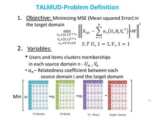 37
TALMUD-Problem Definition
1. Objective: Minimizing MSE (Mean squared Error) in
the target domain
2. Variables:
• Users and items clusters memberships
in each source domain n - 𝑈𝑛 , 𝑉
𝑛
• 𝛼𝑛– Relatedness coefficient between each
source domain i and the target domain
37
Min
min
𝑈𝑛 ∈ 0,1 𝑝×𝑘𝑛
𝑉𝑛 ∈ 0,1 𝑞×𝑙𝑛
𝛼𝑛 ∈𝑅 ∀𝑛∈𝑁
𝑋𝑡𝑔𝑡 − 𝛼𝑛 𝑈𝑛 𝐵𝑛 𝑉
𝑛
𝑇
𝑁
𝑛=1
⃘𝑊
2
𝑆. 𝑇 𝑈n 1 = 1, 𝑉n 1 = 1
 