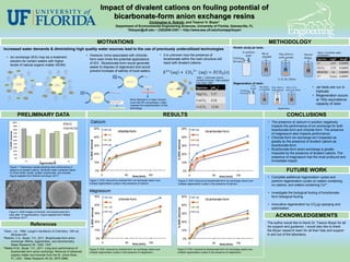 Impact of divalent cations on fouling potential of
                                                                                                                                                                            bicarbonate-form anion exchange resins
                                                                                                                                                                                                      Christopher A. Rokicki, and Treavor H. Boyer1
                                                                                                                                                                                  Department of Environmental Engineering Sciences, University of Florida, Gainesville, FL
                                                                                                                                                                                         1thboyer@ufl.edu ~ (352)846-3351 ~ http://www.ees.ufl.edu/homepp/boyer/




                                                                                                                                                                    MOTIVATIONS                                                                                                                                                                                  METHODOLOGY
                                                                                                                                                                                                                                                                                                                              Kinetic study jar tests:
Increased water demands & diminishing high quality water sources lead to the use of previously underutilized technologies
                                                                                                                                                                                                                                                                                                                                                                                                         Table 2: Synthetic water
                                                                                                                                             • However, brine associated with chloride-                                • It is unknown how the presence of                                                                                                                                               composition
  • Ion exchange (IEX) may be a treatment
                                                                                                                                               form resin limits the potential applications                              bicarbonate within the resin structure will                                                                                                                                    Species      mg/L meq/L
    solution for certain waters with higher
                                                                                                                                               of IEX. Bicarbonate-form would generate                                   react with divalent cations:                                                                                                                                                   Cl-          4.03 0.06895
    levels of natural organic matter (NOM):
                                                                                                                                               easier to dispose of regenerant and would                                                                                                                                                                                                                HCO3-  5.79 0.06895
    HCO3          -
                               NOM
                                                                                            Cl-             Cl-           Cl-                  prevent increase of salinity of local waters.                                                                                                                                                                                                            SRNOM 14     0.06895
                                                        Cl-
                         Cl-           Cl-
                                                                                                  NOM             HCO3-                                                                                                                                                                Table 1: Carbonate mineral                                                                                       X2+   Varies 0.06895
   Cl-                                                                                Cl-
                                                              NOM                                                                                                                                                                                                H+                    solubility products. Table adapted
                                             Cl-                                                                                 Cl-                                                                                                HCO3   -


                 Cl-                                                        Cl-                                     NOM                                                                                                                                                     X2+        from Dean 19991                        Regeneration of resin:
 NOM                           IEX Resin                                                NOM           IEX Resin
                                                                                                                                                                                                                                                                                                                                               1L DI
                                             Cl-
                                                                Cl-
                                                                                                                                 Cl-
                                                                                                                                                                                                                                  IEX Resin    HCO3-                              H+   Species        pKsp   1
                                                                                                                                                                                                                                                                                                                                               & salt
                                                                                                                                                                                                                                                                                                                                                        Mix 30min Stop, allow to    Add 1L DI to      • Jar tests are run in
             -                                                                    Cl-                               Cl-                                                                                                                                                                                                            0.5ml/L              at 150 RPM settle, decant   wash, mix 10min
  HCO3                   Cl-                             HCO3   -
                                                                                                  HCO3-                              HCO3-                                                                                                                                                                                                                                                              triplicate
                                     Cl-
                                                                           HCO3   -
                                                                                                             NOM
                                                                                                                                                                                                                                                                      X2+
                                                                                                                                                                                                                                                                                       MgCO3          5.17                         IEX resin
                                                                                                                                                                                                                                                                                                                                                                                                      • Regeneration occurs
                                                                                                                                                                                                                                                  HCO3-
                                                                                                                      Cl-
       Cl-                     NOM           HCO3   -                                                 Cl-
                                                                                                                                                                                             Brine disposal is a major concern,                                                        CaCO3          8.54                                                                                              at 100x equivalence
                                                                                                                                                                                             much like RO concentrate, it often
                                                                                                                                                                                             impedes the implementation of this
                                                                                                                                                                                                                                                                                                                                                                                                        capacity of resin
                                                                                                                                                                                             technology.
                                                                                                                                                                                                                                                                                       CoCO3          12.84                                                                Repeat twice


                                PRELIMINARY DATA                                                                                                                                                                          RESULTS                                                                                                                                                   CONCLUSIONS
                      100%                                                                                                                      Calcium                                                                                                                                                                                                         • The presence of calcium in solution negatively
                                                                                                                            M-Cl
                         90%                                                                                                                                                                                                                                                                                                                                      impacts the performance of ion exchange for both
                         80%                                                                                                M-HCO3                                 50%       r0                                                                                 50%                    r0                                                                         bicarbonate-form and chloride-form. The presence
                                                                                                                                                                                   chloride-form                                                                                                bicarbonate-form
         % DOC removal




                         70%
                                                                                                                                                                             r1                                                                                                        r1                                                                         of magnesium also impacts performance.
                         60%                                                                                                                                       40%                                                                                          40%                                                                                             • Chloride-form ion exchange isn’t impacted as
                                                                                                                                                                             r2                                                                                                        r2
                                                                                                                                                % DOC removal




                                                                                                                                                                                                                                                % DOC removal
                         50%
                                                                                                                                                                                                                                                                                                                                                                  greatly by the presence of divalent cations as
                         40%
                                                                                                                                                                   30%       r3                                                                                 30%                    r3                                                                         bicarbonate-form.
                         30%
                         20%
                                                                                                                                                                                                                                                                                                                                                                • Bicarbonate-form anion exchange is greatly
                         10%                                                                                                                                       20%                                                                                          20%                                                                                               impacted by the presence of divalent cations. The
                         0%                                                                                                                                                                                                                                                                                                                                       presence of magnesium has the most profound and
                                              r0                      r1                            r2                          r3
                                                                                                                                                                   10%                                                                                          10%
                                                                                                                                                                                                                                                                                                                                                                  immediate impact.
                                                                      regeneration#
         Figure 1: Preliminary results showing resin performance in
         absence of divalent cations. Synthetic water contained Santa
         Fe River NOM, nitrate, sulfate, bicarbonate, and chloride.
                                                                                                                                                                   0%                                                                                           0%                                                                                                                  FUTURE WORK
         Figure adapted from Rokicki and Boyer 20112.                                                                                                                    0             50      time (min) 100                                                           0                              50                      100
                                                                                                                                                                                                                                                                                                                 time (min)                                     • Complete additional regeneration cycles and
                                                                                                                                               Figure 3: DOC removal by chloride-form ion exchange resins over                                  Figure 4: DOC removal by bicarbonate-form ion exchange resins over                                                perform regeneration cycles on waters containing
                                                                                                                                               multiple regeneration cycles in the presence of calcium.                                         multiple regeneration cycles in the presence of calcium.
                                                                                                                                                                                                                                                                                                                                                                  no cations, and waters containing Co2+.
                                                                                                                                               Magnesium                                                                                                                                                                                                        • Investigate the biological fouling of bicarbonate-
                                                                                                                                                                   50%       r0                                                                                 50%                    r0                                                                         form biological fouling
                                                                                                                                                                                   chloride-form                                                                                                bicarbonate-form
                                                                                                                                                                             r1                                                                                                        r1
                                                                                                                                                                   40%                                                                                          40%                                                                                             • Innovative regeneration by CO2(g) sparging and
                                                                                                                                                                             r2                                                                                                        r2                                                                         optimization
                                                                                                                                                   % DOC removal




                                                                                                                                                                                                                                                % DOC removal




         Figure 2: SEM images of chloride- and bicarbonate-form                                                                                                              r3                                                                                                        r3
                                                                                                                                                                   30%                                                                                          30%
         resin after 14 regenerations. Figure adapted from Walker
         and Boyer 20113.
                                                                                                                                                                                                                                                                                                                                                                        ACKNOWLEDGEMENTS
                                                                                                                                                                   20%                                                                                          20%                                                                                             The author would like to thank Dr. Treavor Boyer for all
                                                              References                                                                                                                                                                                                                                                                                        his support and guidance. I would also like to thank
1Dean, J.A., 1999. Lange's Handbook of Chemistry, 15th ed.                                                                                                         10%                                                                                          10%                                                                                             the Boyer research team for all their help and support
     McGraw-Hill..                                                                                                                                                                                                                                                                                                                                              in and out of the laboratory.
2Rokicki, C.A., Boyer, T.H., 2011. Bicarbonate-form anion
                                                                                                                                                                    0%                                                                                          0%
     exchange: Affinity, regeneration, and stoichiometry.                                                                                                                0              50                   100
                                                                                                                                                                                               time (min)                                                               0                              50        time (min)    100
     Water Research 45, 1329 -1337.
3Walker K.M., Boyer, T.H., 2011. Long-term performance of
                                                                                                                                               Figure 5: DOC removal by chloride-form ion exchange resins over                                 Figure 6: DOC removal by bicarbonate-form ion exchange resins over
     bicarbonate-form anion exchange: Removal of dissolved                                                                                     multiple regeneration cycles in the presence of magnesium.                                      multiple regeneration cycles in the presence of magnesium.
     organic matter and bromide from the St. Johns River,
     FL, USA.. Water Research 45 (9), 2875-2886.
 