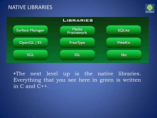 NATIVE LIBRARIES
•The next level up is the native libraries.
Everything that you see here in green is written
in C and C++.
 