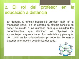 2. El rol del profesor en la
educación a distancia
En general, la función básica del profesor tutor en la
modalidad virtual en los centros de estudio consiste en
servir de ayuda a los alumnos para que asimilen los
conocimientos, que dominen los objetivos de
aprendizaje programados en los materiales y para que,
con base en las orientaciones procedentes lleguen a
obtener la formación académica deseada.
 