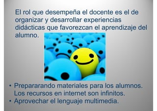 El rol que desempeña el docente es el de
  organizar y desarrollar experiencias
  didácticas que favorezcan el aprendizaje del
  alumno.




• Prepararando materiales para los alumnos
                                      alumnos.
  Los recursos en internet son infinitos.
•AAprovechar el l
          h    l lenguaje multimedia.
                       j     lti di
 