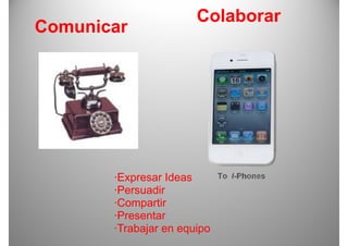 Colaborar
Comunicar




       ·Expresar Ideas
        Persuadir
       ·Persuadir
       ·Compartir
       ·Presentar
       ·Trabajar en equipo
 