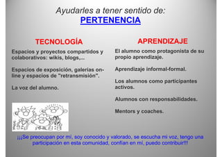 Ayudarles a tener sentido de:
                      PERTENENCIA   C

         TECNOLOGÍA                                APRENDIZAJE
                                          ·

Espacios y proyectos compartidos y        El alumno como protagonista de su
colaborativos: wikis, blogs,...           propio aprendizaje.

Espacios de exposición, galerías on
             exposición          on-      Aprendizaje informal-formal.
                                                      informal-formal
line y espacios de "retransmisión".
                                          Los alumnos como participantes
La voz del alumno.
           alumno                         activos.
                                          activos

                                          Alumnos con responsabilidades.

                                          Mentors y coaches.



  ¡¡¡Se preocupan por mí, soy conocido y valorado, se escucha mi voz, tengo una
         participación en esta comunidad, confían en mí, puedo contribuir!!!
 