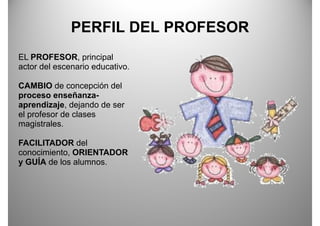 PERFIL DEL PROFESOR
EL PROFESOR, principal
actor del escenario educativo.

CAMBIO de concepción del
proceso enseñanza-
aprendizaje, dejando de ser
el profesor de clases
magistrales.
magistrales

FACILITADOR del
conocimiento,
conocimiento ORIENTADOR
y GUÍA de los alumnos.
 