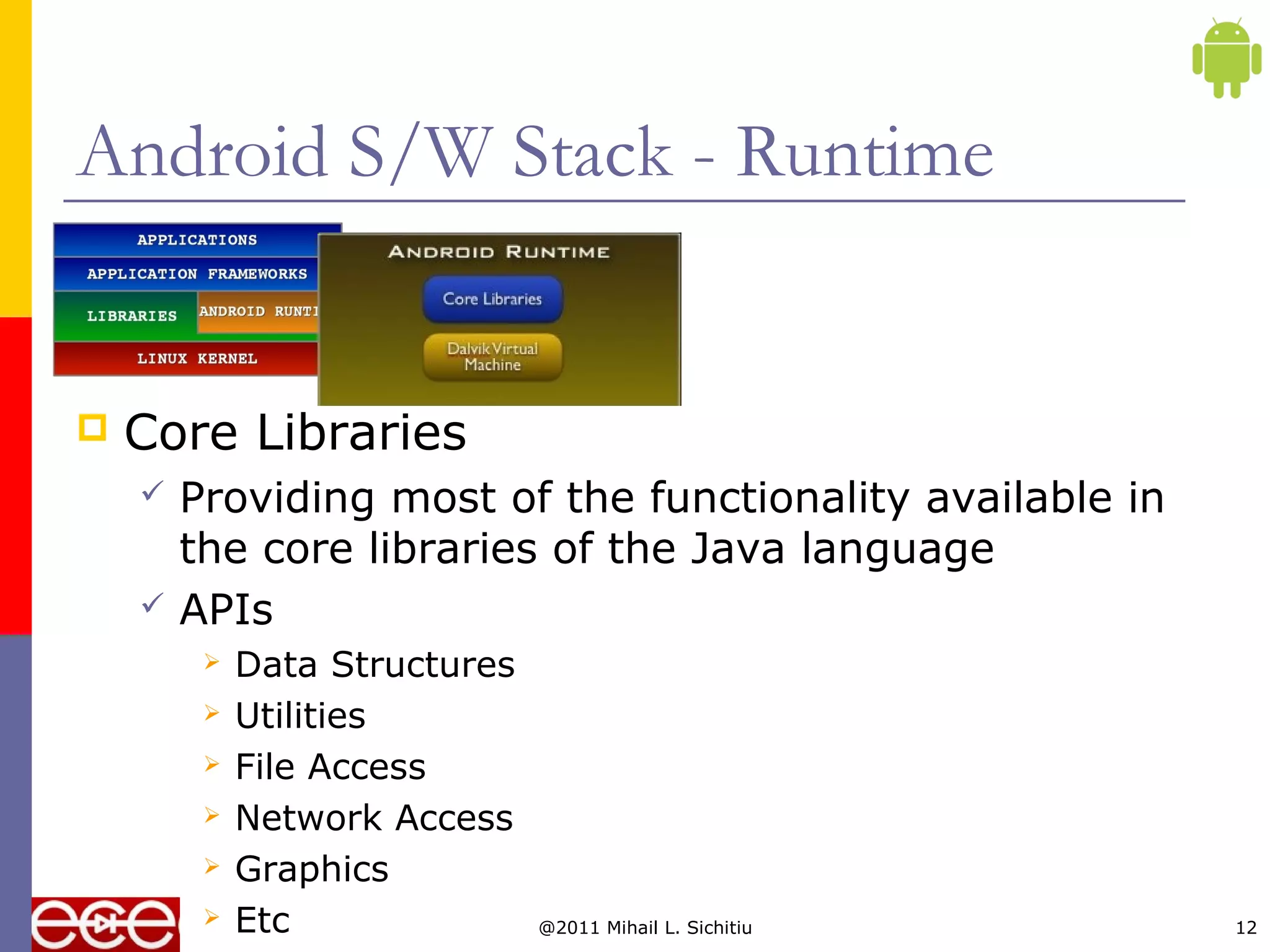 @2011 Mihail L. Sichitiu 12
Android S/W Stack - Runtime
 Core Libraries
 Providing most of the functionality available in
the core libraries of the Java language
 APIs
 Data Structures
 Utilities
 File Access
 Network Access
 Graphics
 Etc
 