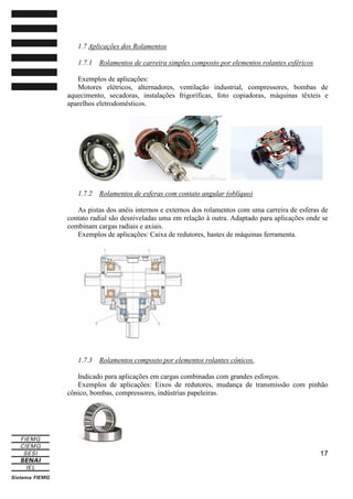 1.7 Aplicações dos Rolamentos
1.7.1

Rolamentos de carreira simples composto por elementos rolantes esféricos

Exemplos de aplicações:
Motores elétricos, alternadores, ventilação industrial, compressores, bombas de
aquecimento, secadoras, instalações frigoríficas, foto copiadoras, máquinas têxteis e
aparelhos eletrodomésticos.

1.7.2

Rolamentos de esferas com contato angular (oblíquo)

As pistas dos anéis internos e externos dos rolamentos com uma carreira de esferas de
contato radial são desniveladas uma em relação à outra. Adaptado para aplicações onde se
combinam cargas radiais e axiais.
Exemplos de aplicações: Caixa de redutores, hastes de máquinas ferramenta.

1.7.3

Rolamentos composto por elementos rolantes cônicos.

Indicado para aplicações em cargas combinadas com grandes esforços.
Exemplos de aplicações: Eixos de redutores, mudança de transmissão com pinhão
cônico, bombas, compressores, indústrias papeleiras.

17

 