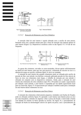 1.12.4.2

Remoção do Rolamento com Furo Cilíndrico

A remoção ideal do anel interno é aquela efetuada com o auxílio de uma prensa,
bastando neste caso, somente atentar para que a força de remoção seja imposta apenas no
anel interno (Figura 12). Dispositivos extratores como os das figuras 13 e 14 são de uso
frequente.

As garras dos extratores, em todos os casos mostrados, devem apoiar suficientemente
na lateral do anel interno, para que isto seja possível, a dimensão do encosto no eixo e a
abertura de rasgos no encosto, conforme figura 14, deve ser estudada.
A remoção do anel interno dos grandes rolamentos pode ser efetuada pelo auxílio da
pressão de óleo; este método visa facilitar a remoção aplicando pressão de óleo através de
furos no eixo; nos rolamentos mais largos, o trabalho de remoção por este método é
efetuado em conjunto com os dispositivos extratores. Ainda, para a remoção do anel
interno dos rolamentos de rolos cilíndricos tipos NU e NJ podem ser usado o aquecimento
por indução; neste método, o anel interno é expandido por um rápido aquecimento local
para ser removido, figura 15. O aquecimento por indução é também usado para a instalação
do anel interno destes rolamentos no eixo.
1.12.4.3

Remoção do Rolamento com Furo Cônico

A remoção dos rolamentos relativamente pequenos, instalados com buchas de fixação,
pode ser efetuada conforme figura 18, apoiando o anel interno num batente preso ao eixo
por uma braçadeira, soltando em algumas voltas a porca de fixação e removendo a bucha
com batidas de martelo na barra apoiada na mesma. Na figura 16, o procedimento de
remoção da bucha de desmontagem através do aperto da porca; caso o procedimento de
39

 