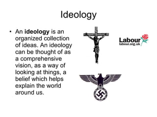Ideology An  ideology  is an organized collection of ideas. An ideology can be thought of as a comprehensive vision, as a way of looking at things, a belief which helps explain the world around us. 