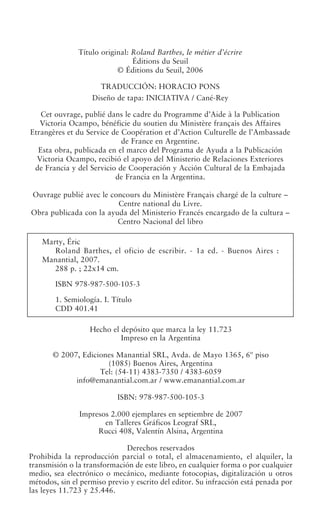 "Roland barthes el oficio de escribir" - Eric Marty | PDF