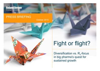 PRESS BRIEFING
O t b 2010October 2010
Fight or flight?Fight or flight?
Diversification vs. Rx-focus
in big pharma's quest for
t i d th
1
sustained growth
 