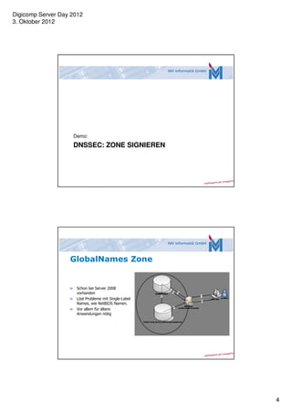 Digicomp Server Day 2012
3. Oktober 2012




                    Demo:
                    DNSSEC: ZONE SIGNIEREN




                   GlobalNames Zone


                     Schon bei Server 2008
                     vorhanden
                     Löst Probleme mit Single-Label
                     Names, wie NetBIOS Namen.
                     Vor allem für ältere
                     Anwendungen nötig




                                                      4
 