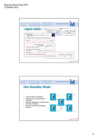 Digicomp Server Day 2012
3. Oktober 2012




                   «Split-DNS»




                   Hot Standby Mode


                     «Hub and Spoke» Architektur
                     DHCP-Server in unterschiedlichen
                     Subnetzen
                     Zentraler Failoverserver, typischerweise
                     als Backup (Standby)
                     RFC 1542 oder DHCP Relay Agent
                     beachten




                                                                6
 