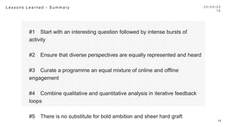 #1 
Start with an interesting question followed by intense bursts of activity
#2 
Ensure that diverse perspectives are equally represented and heard
#3 
Curate a programme an equal mixture of online and offline engagement
#4 
Combine qualitative and quantitative analysis in iterative feedback loops
#5 
There is no substitute for bold ambition and sheer hard graft
2 0 / 0 9 / 1 6
14
L e s s o n s L e a r n e d - S u m m a r y 
 