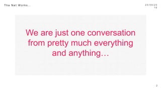 We are just one conversation
from pretty much everything
and anything…
2 0 / 0 9 / 1 6
2
T h e N e t W o r k s … 
 