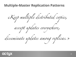 Multiple-Master Replication Patterns
20
«Keep multiple distributed copies, 
accept updates everywhere, 
disseminate updates among replicas.»
 