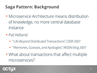 Saga Pattern: Background
• Microservice Architecture means distribution
of knowledge, no more central database
instance
• Pat Helland:
• “Life Beyond Distributed Transactions”, CIDR 2007
• “Memories, Guesses, and Apologies”, MSDN blog 2007
• What about transactions that affect multiple
microservices?
27
 