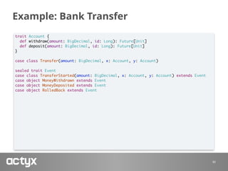 Example: Bank Transfer
30
trait Account {
def withdraw(amount: BigDecimal, id: Long): Future[Unit]
def deposit(amount: BigDecimal, id: Long): Future[Unit]
}
case class Transfer(amount: BigDecimal, x: Account, y: Account)
sealed trait Event
case class TransferStarted(amount: BigDecimal, x: Account, y: Account) extends Event
case object MoneyWithdrawn extends Event
case object MoneyDeposited extends Event
case object RolledBack extends Event
 