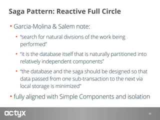Saga Pattern: Reactive Full Circle
• Garcia-Molina & Salem note:
• “search for natural divisions of the work being
performed”
• “it is the database itself that is naturally partitioned into
relatively independent components”
• “the database and the saga should be designed so that
data passed from one sub-transaction to the next via
local storage is minimized”
• fully aligned with Simple Components and isolation
34
 