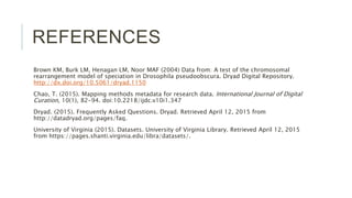 REFERENCES
Brown KM, Burk LM, Henagan LM, Noor MAF (2004) Data from: A test of the chromosomal rearrangement model of
speciation in Drosophila pseudoobscura. Dryad Digital Repository. http://dx.doi.org/10.5061/dryad.1150
Chao, T. (2015). Mapping methods metadata for research data. International Journal of Digital Curation, 10(1), 82-
94. doi:10.2218/ijdc.v10i1.347
Dryad. (2015). Frequently Asked Questions. Dryad. Retrieved April 12, 2015 from
http://datadryad.org/pages/faq.
University of Virginia (2015). Datasets. University of Virginia Library. Retrieved April 12, 2015 from
https://pages.shanti.virginia.edu/libra/datasets/.
 