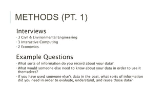 METHODS (PT. 1)
Interviews
 3 Civil & Environmental Engineering
 3 Interactive Computing
 2 Economics
Example Questions
 What sorts of information do you record about your data?
 What would someone else need to know about your data in order to use it themselves?
 If you have used someone else’s data in the past, what sorts of information did you need in
order to evaluate, understand, and reuse those data?
 