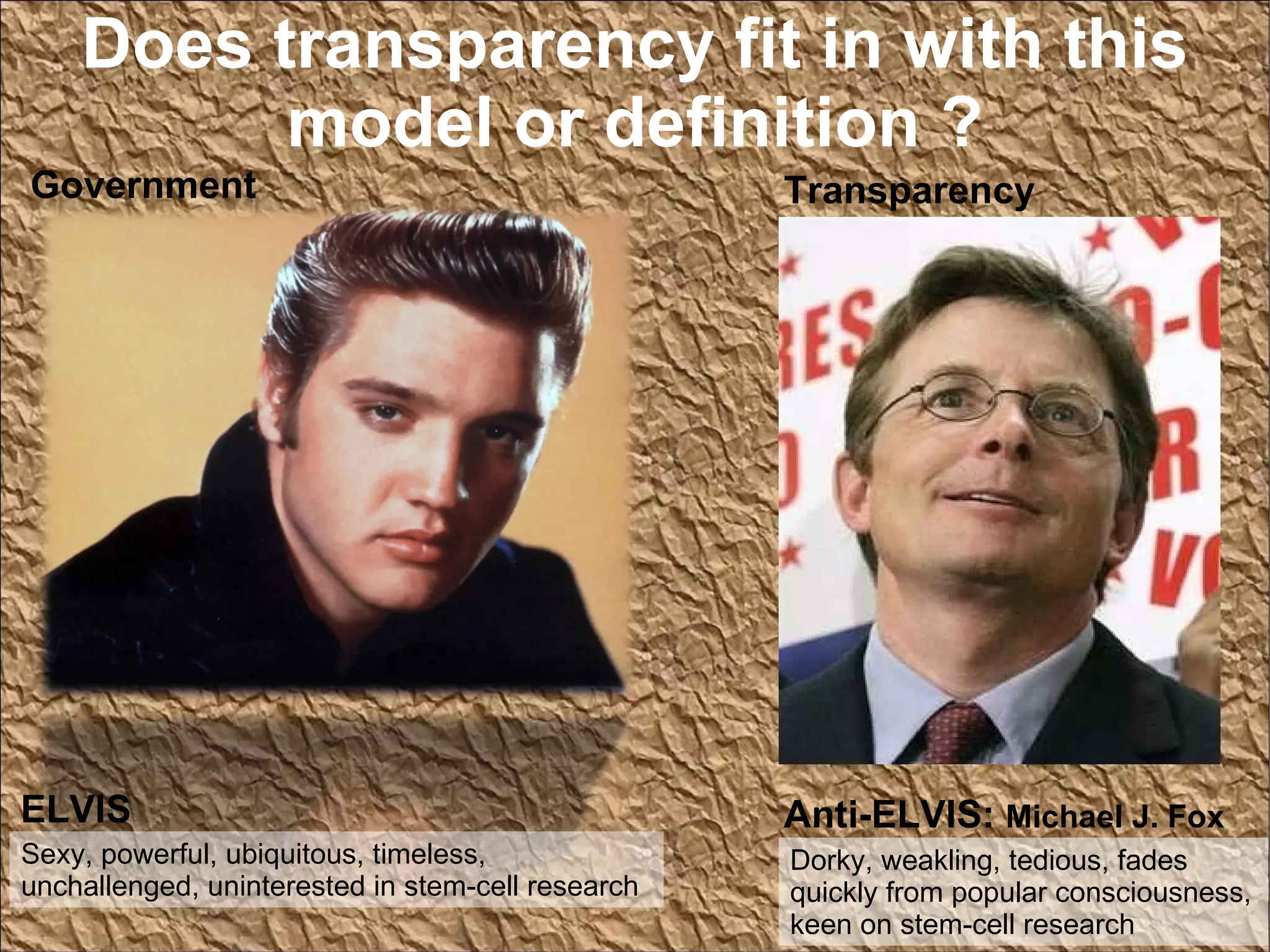 Does transparency fit in with this model or definition ? Government Transparency ELVIS Anti-ELVIS:  Michael J. Fox Sexy, powerful, ubiquitous, timeless, unchallenged, uninterested in stem-cell research Dorky, weakling, tedious, fades quickly from popular consciousness, keen on stem-cell research 