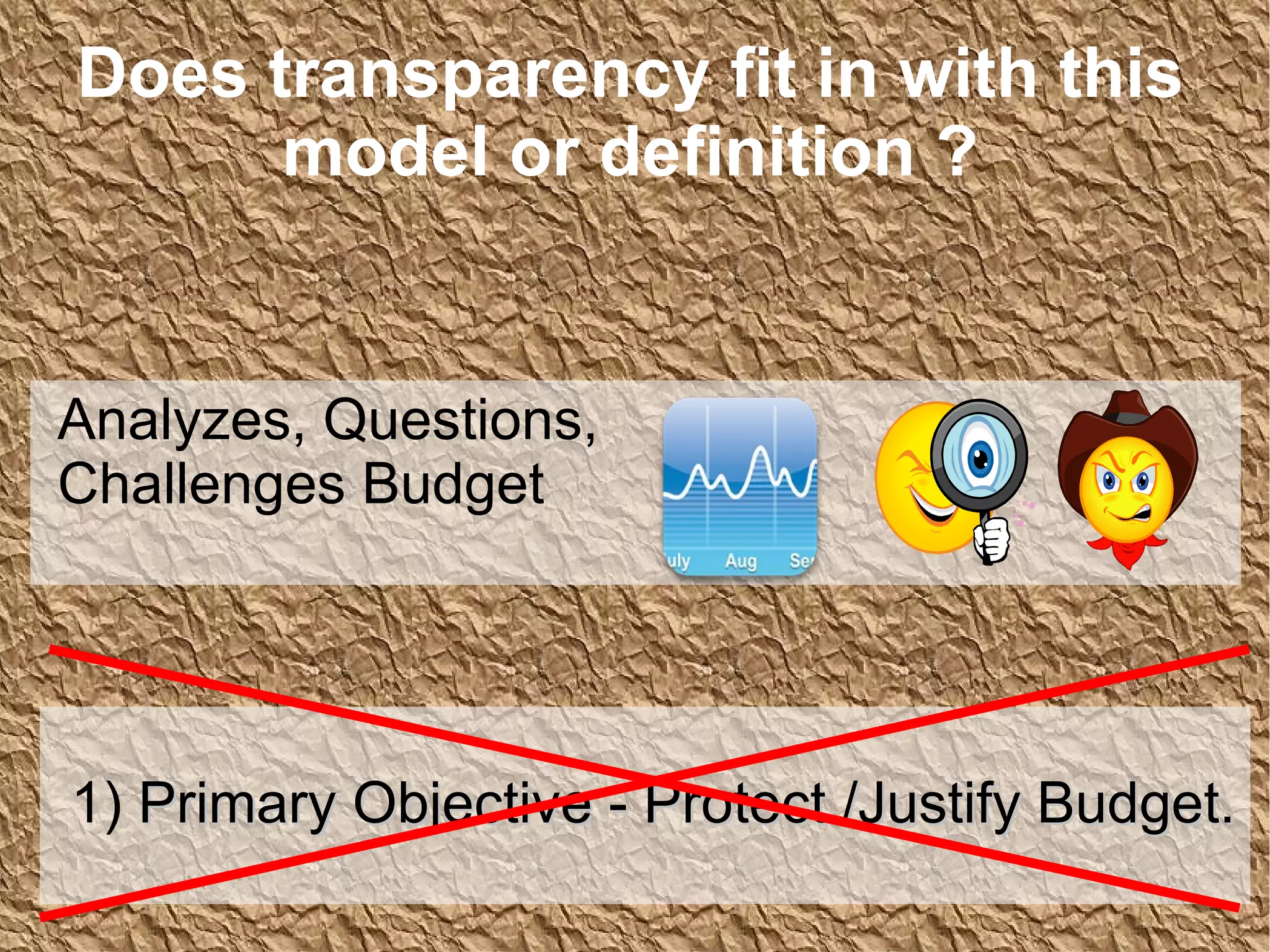 Does transparency fit in with this model or definition ? 1)  Primary Objective - Protect /Justify Budget. Analyzes, Questions,  Challenges Budget 