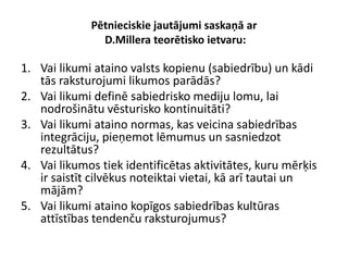 Pētnieciskie jautājumi saskaņā ar
               D.Millera teorētisko ietvaru:

1. Vai likumi ataino valsts kopienu (sabiedrību) un kādi
   tās raksturojumi likumos parādās?
2. Vai likumi definē sabiedrisko mediju lomu, lai
   nodrošinātu vēsturisko kontinuitāti?
3. Vai likumi ataino normas, kas veicina sabiedrības
   integrāciju, pieņemot lēmumus un sasniedzot
   rezultātus?
4. Vai likumos tiek identificētas aktivitātes, kuru mērķis
   ir saistīt cilvēkus noteiktai vietai, kā arī tautai un
   mājām?
5. Vai likumi ataino kopīgos sabiedrības kultūras
   attīstības tendenču raksturojumus?
 