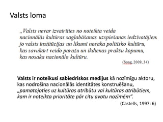 Valsts loma




  Valsts ir noteikusi sabiedriskos medijus kā nozīmīgu aktoru,
  kas nodrošina nacionālās identitātes konstruēšanu,
  „pamatojoties uz kultūras atribūtu vai kultūras atribūtiem,
  kam ir noteikta prioritāte pār citu avotu nozīmēm”.
                                              (Castells, 1997: 6)
 
