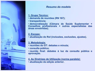 Resumo do modelo
1. Grupo Técnico:
• demanda de reuniões (RN 167);
• transparência;
• democratização (Câmara de Saúde Suplementar +
Conselhos profissionais + outros especialistas das
áreas envolvidas).
2. Escopo:
• atualização do Rol (inclusões, exclusões, ajustes).
3. Metodologia:
• reuniões do GT: debates e minuta;
• consulta pública;
• reunião final: debates à luz da consulta pública e
aprovação.
4. As Diretrizes de Utilização (norma paralela):
• atualização da edição anterior.
 