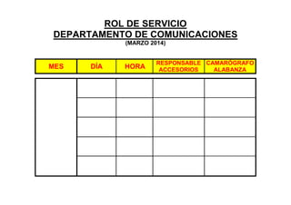 ROL DE SERVICIO
DEPARTAMENTO DE COMUNICACIONES
(MARZO 2014)
MES DÍA HORA
RESPONSABLE
ACCESORIOS
CAMARÓGRAFO
ALABANZA
 