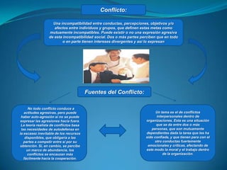 Conflicto: Una incompatibilidad entre conductas, percepciones, objetivos y/o afectos entre individuos y grupos, que definen estas metas como mutuamente incompatibles. Puede existir o no una expresión agresiva de esta incompatibilidad social. Dos o más partes perciben que en todo o en parte tienen intereses divergentes y así lo expresanFuentes del Conflicto: Un tema es el de conflictos interpersonales dentro de organizaciones. Esta es una situación que se da entre dos o más personas, que son mutuamente dependientes dada la tarea que les ha sido confiada, y que tienen para con el otro conductas fuertemente emocionales y críticas, afectando de este modo la moral y el trabajo dentro de la organización.  No todo conflicto conduce a actitudes agresivas, pero puede haber auto-agresión si no se puede expresar las agresiones hacia fuera. La teoría realista de conflictos basa las necesidades de autodefensa en la escasez inevitable de los recursos disponibles, que obligaría a las partes a competir entre sí por su obtención. Si, en cambio, se percibe un marco de abundancia, los conflictos se encauzan más fácilmente hacia la cooperación.