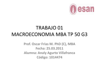 TRABAJO 01MACROECONOMIA MBA TP 50 G3 Prof. Oscar Frias M. PhD (C), MBA Fecha: 25.03.2011 Alumna: Analy Agurto Villafranca Código: 1014474 
