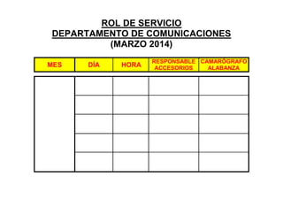 ROL DE SERVICIO
DEPARTAMENTO DE COMUNICACIONES
(MARZO 2014)
MES DÍA HORA
RESPONSABLE
ACCESORIOS
CAMARÓGRAFO
ALABANZA
 