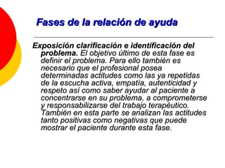 Fases de la relación de ayuda Exposición clarificación e identificación del problema.  El objetivo último de esta fase es definir el problema. Para ello también es necesario que el profesional posea determinadas actitudes como las ya repetidas de la escucha activa, empatía, autenticidad y respeto así como saber ayudar al paciente a concentrarse en su problema, a comprometerse y responsabilizarse del trabajo terapéutico. También en esta parte se analizan las actitudes tanto positivas como negativas que puede mostrar el paciente durante esta fase.  