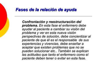Fases de la relación de ayuda Confrontación y reestructuración del problema.  En esta fase el enfermero debe ayudar al paciente a cambiar su visión del problema y ver en esta nueva visión perspectivas de solución, debe concientizar al paciente de que él es el responsable  de sus experiencias y vivencias, debe enseñar a aceptar que existen problemas que no se pueden solucionar etc.. También se explican las actitudes que tanto el enfermero como el paciente deben tener o evitar en esta fase.  