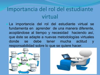 Importancia del rol del estudiante
virtual
● La importancia del rol del estudiante virtual se
fundamenta en aprender de una manera diferente,
acoplándose al tiempo y necesidad haciendo así,
que éste se adapte a nuevas metodologías virtuales
donde se debe tener mucha actitud y
responsabilidad sobre lo que se quiere hacer.
 