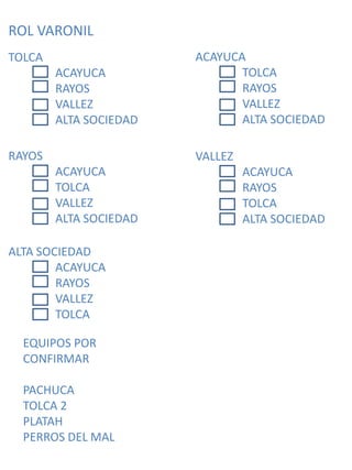 ROL VARONILTOLCA	ACAYUCA	RAYOS	VALLEZ	ALTA SOCIEDADACAYUCA	TOLCA	RAYOS	VALLEZ	ALTA SOCIEDADRAYOS	ACAYUCA	TOLCA	VALLEZ	ALTA SOCIEDADVALLEZ	ACAYUCA	RAYOS	TOLCA	ALTA SOCIEDADALTA SOCIEDAD	ACAYUCA	RAYOS	VALLEZ	TOLCAEQUIPOS POR CONFIRMARPACHUCATOLCA 2PLATAHPERROS DEL MAL