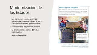 Modernización de
los Estados
• Los burgueses encabezaron las
transformaciones que dieron origen a
los Estados liberales, y defendieron:
• Separación de los poderes públicos.
• La promoción de ciertos derechos
individuales.
• Soberanía popular.
 