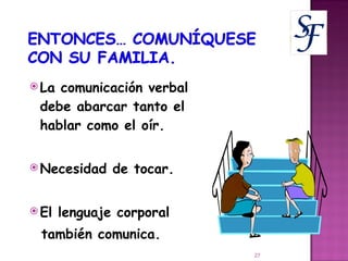 La comunicación verbal debe abarcar tanto el hablar como el oír. Necesidad de tocar. El lenguaje corporal  también comunica. 