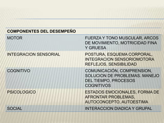 COMPONENTES DEL DESEMPEÑO 
MOTOR FUERZA Y TONO MUSCULAR, ARCOS 
DE MOVIMIENTO, MOTRICIDAD FINA 
Y GRUESA 
INTEGRACION SENSORIAL POSTURA, ESQUEMA CORPORAL, 
INTEGRACION SENSORIOMOTORA 
REFLEJOS, SENSIBILIDAD 
COGNITIVO COMUNICACIÓN, COMPRENSION, 
SOLUCION DE PROBLEMAS. MANEJO 
DEL TIEMPO, PROCESOS 
COGNITIVOS 
PSICOLOGICO ESTADOS EMOCIONALES, FORMA DE 
AFRONTAR PROBLEMAS, 
AUTOCONCEPTO, AUTOESTIMA 
SOCIAL INTERACCION DIADICA Y GRUPAL 
 