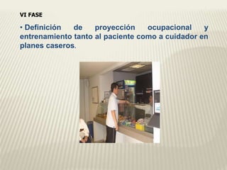 VI FASE 
• Definición de proyección ocupacional y 
entrenamiento tanto al paciente como a cuidador en 
planes caseros. 
 